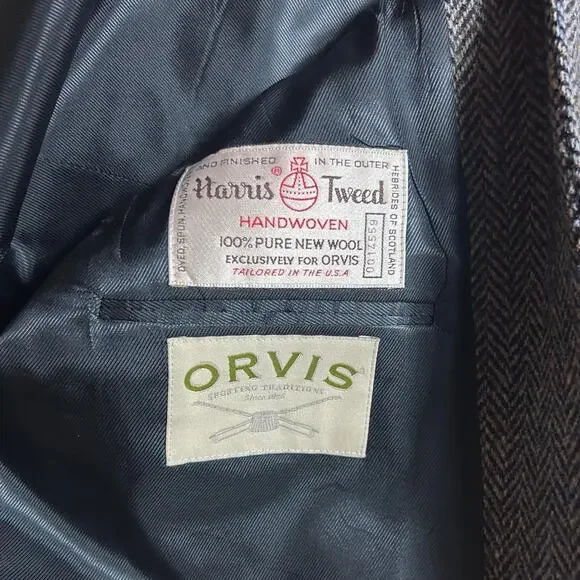 Orvis Harris Tweed Herringbone USA Sewn Three Button Wool Blazer Jacket Women 10 - Picture 2 of 7